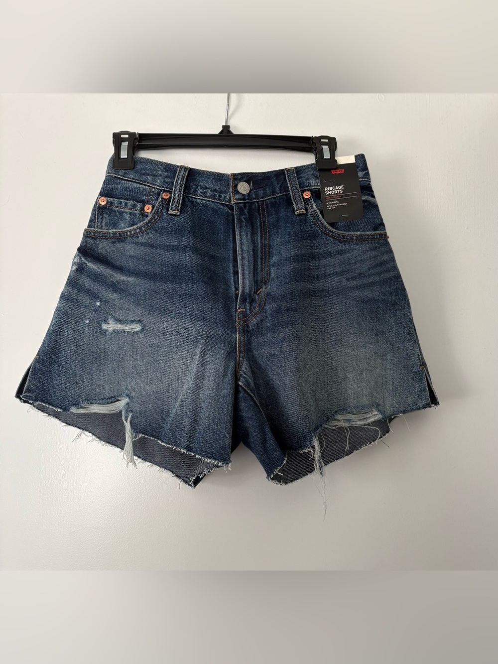 Levi's Dark Blue Distressed High-Rise Ribcage Denim Shorts